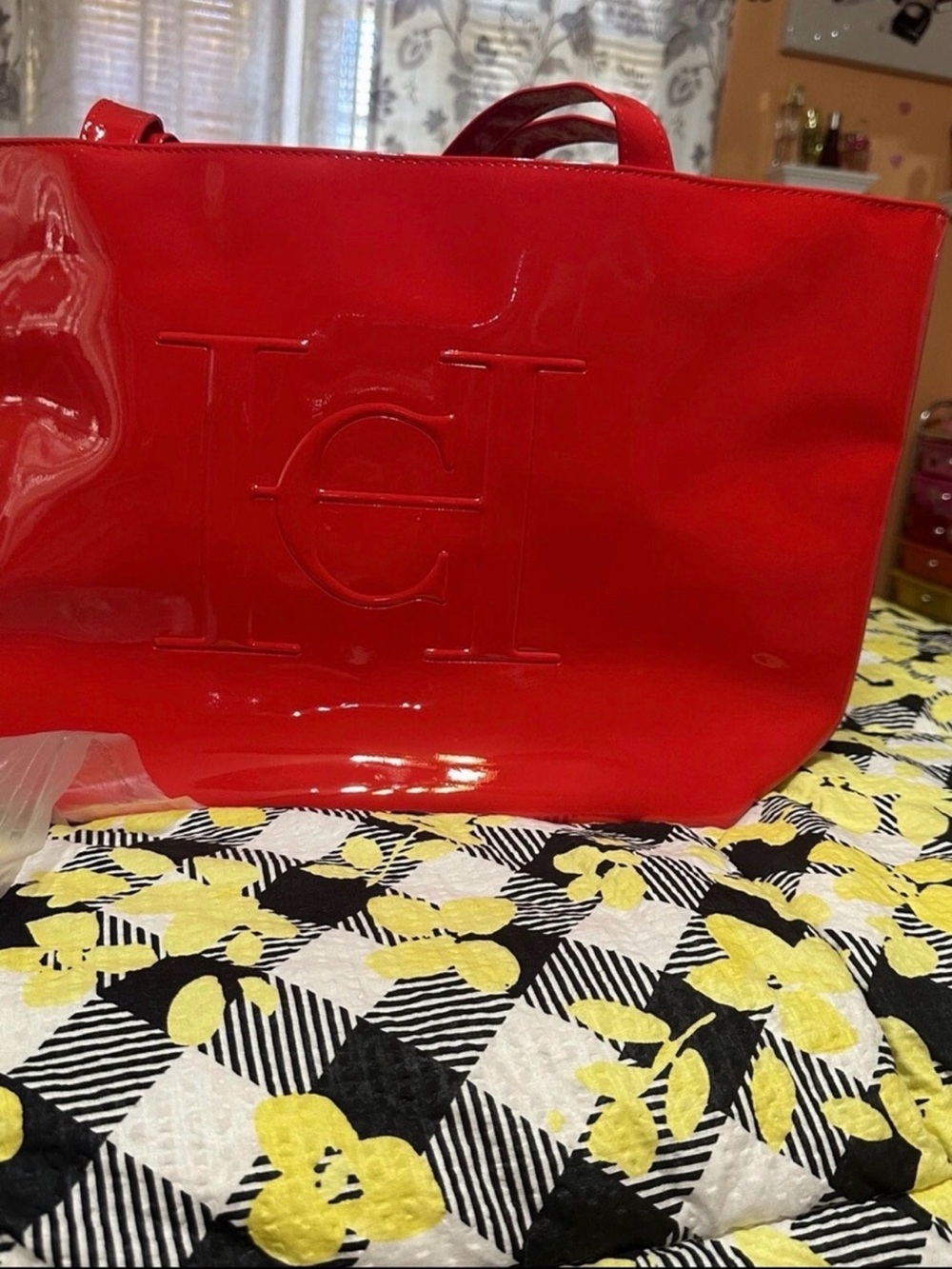 Carolina Herrera Red Patent Tote with Embossed CH Logo